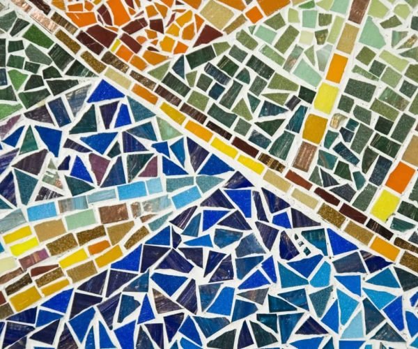 Vibrant mosaic tile pattern with various colors and shapes for flooring or wall decor.
