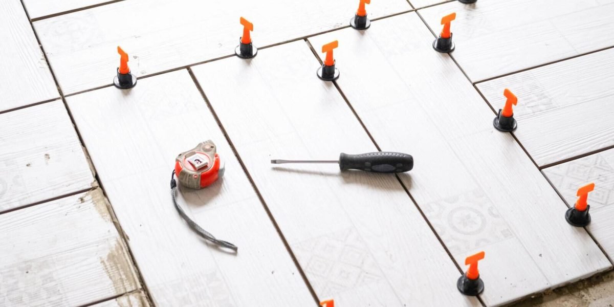 Tile installation process with spacers, tape measure, and screwdriver.